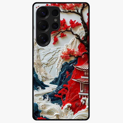 Whispers Of Sakura Waves Glass Case showing flat back view with cherry blossom wave artwork and glossy glass finish.