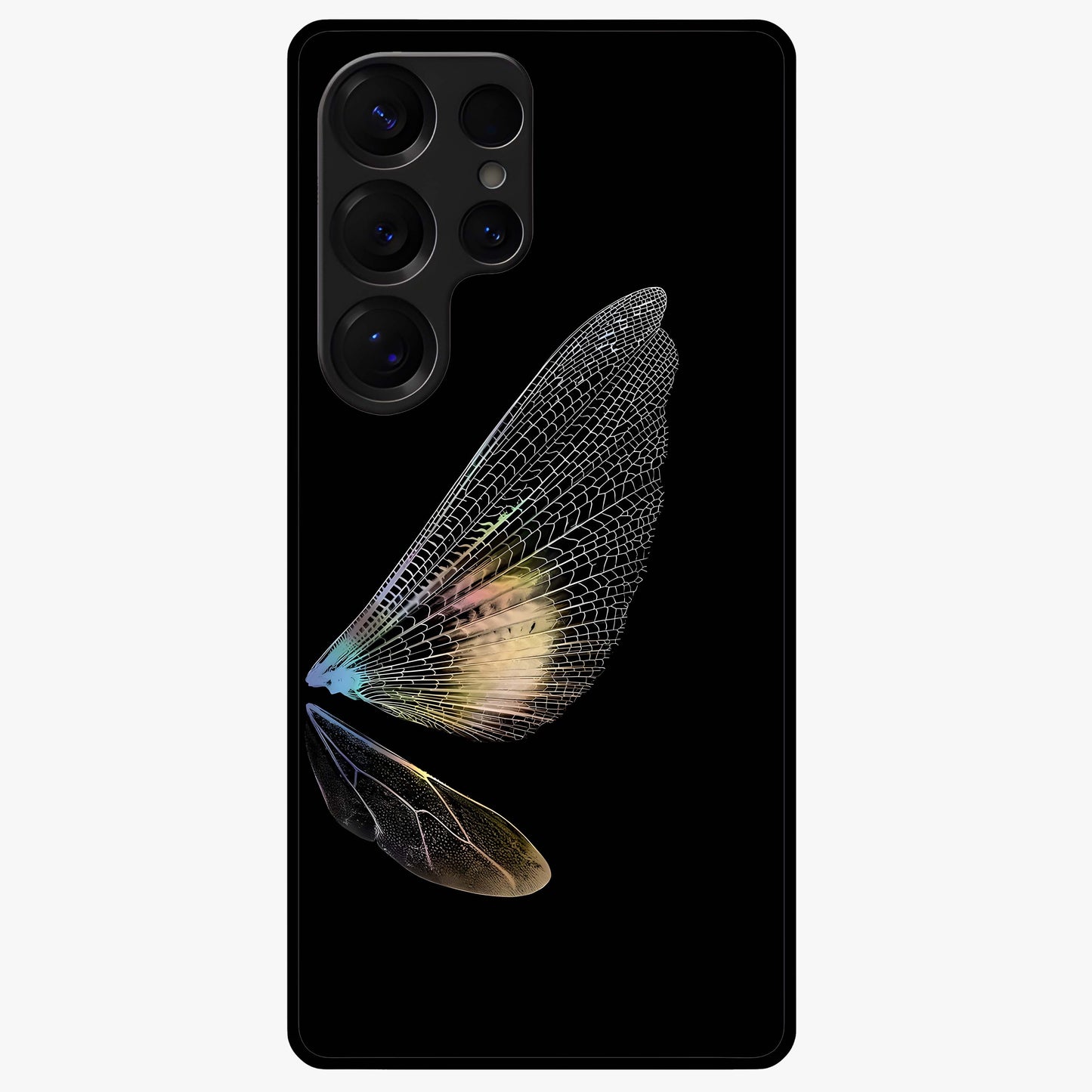 Whispers Of Wings Glass Case showing flat back view with graceful wing inspired artwork and glossy glass finish.