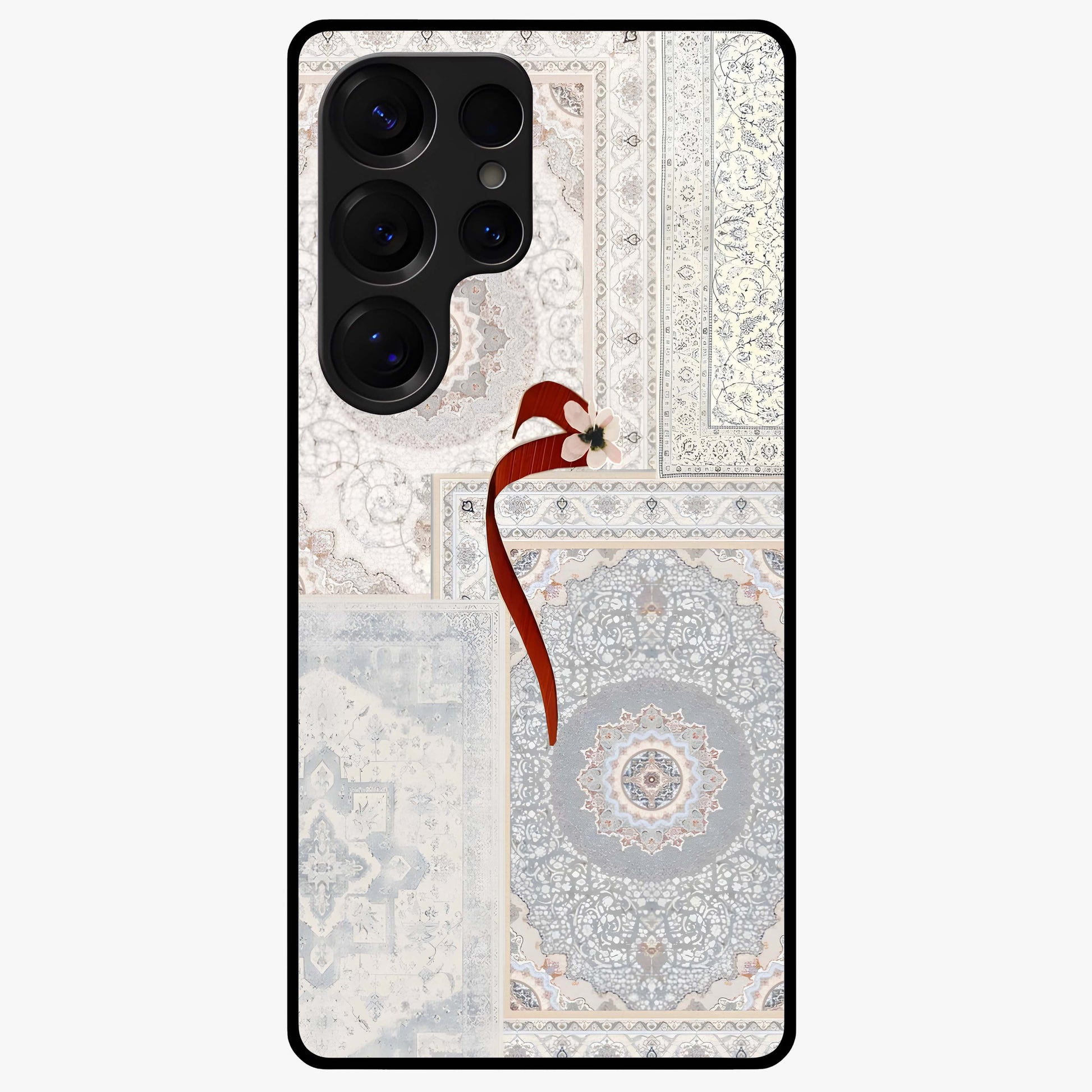 White Aesthetic Bow Glass Case showing flat back view with minimal bow artwork and glossy glass finish.