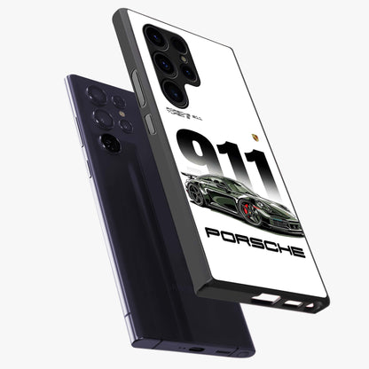 911 Turbo Dominance Glass Case displayed in premium angled mockup highlighting sporty car illustration and sleek glass surface.