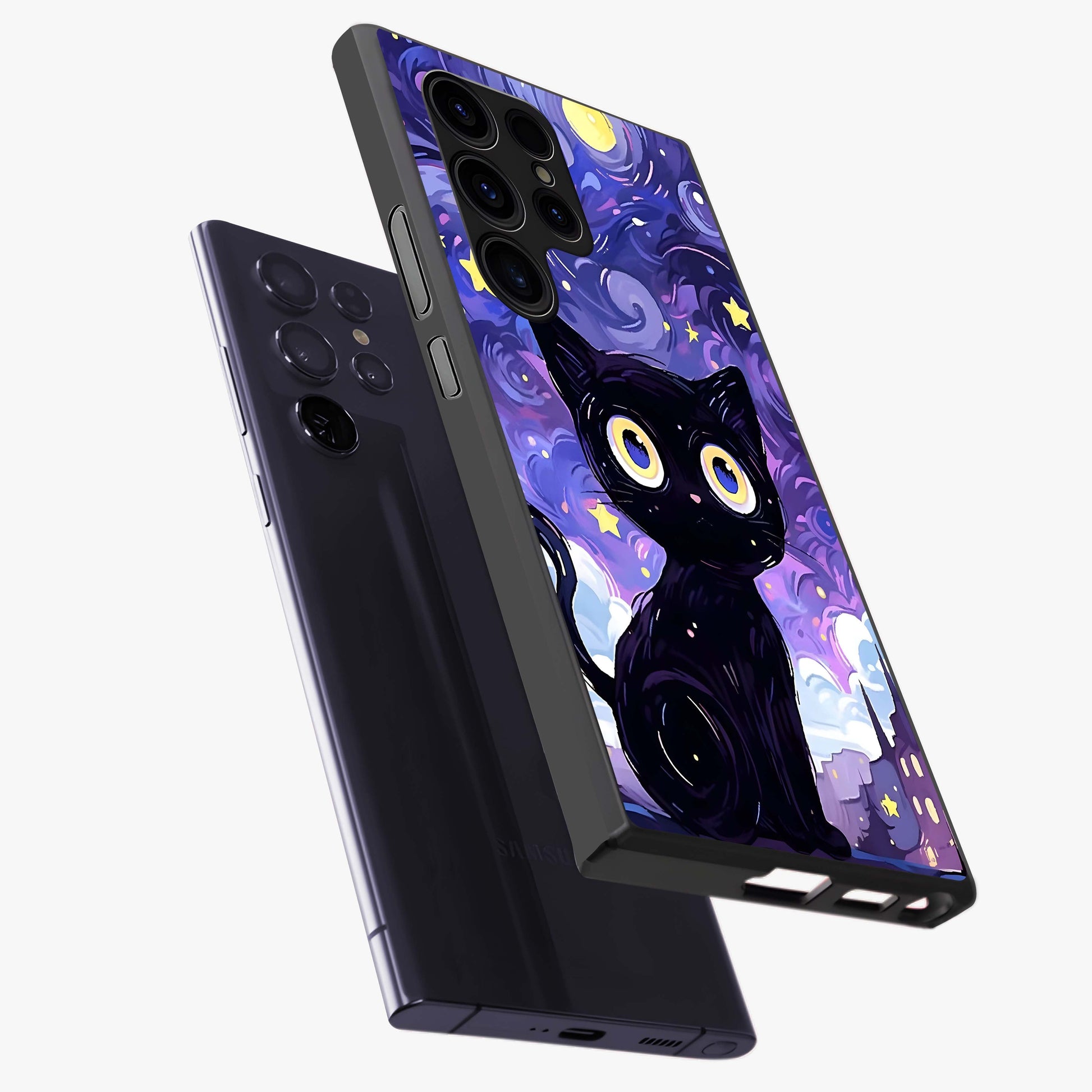 Abstract Cat Art Glass Case displayed in angled mockup highlighting modern abstract cat artwork and sleek glass surface.