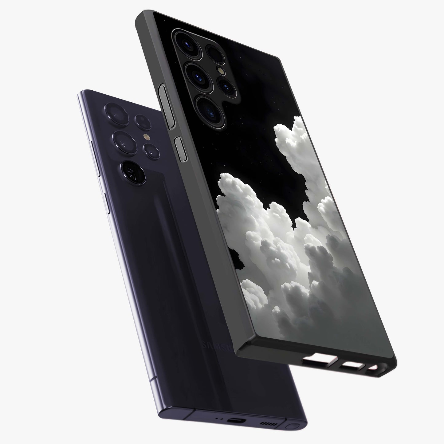 Black Background With White Cloud Glass Case displayed in angled mockup highlighting soft white cloud illustration and minimal design.