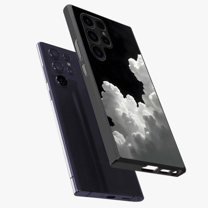 Black Background With White Cloud Glass Case displayed in angled mockup highlighting soft white cloud illustration and minimal design.