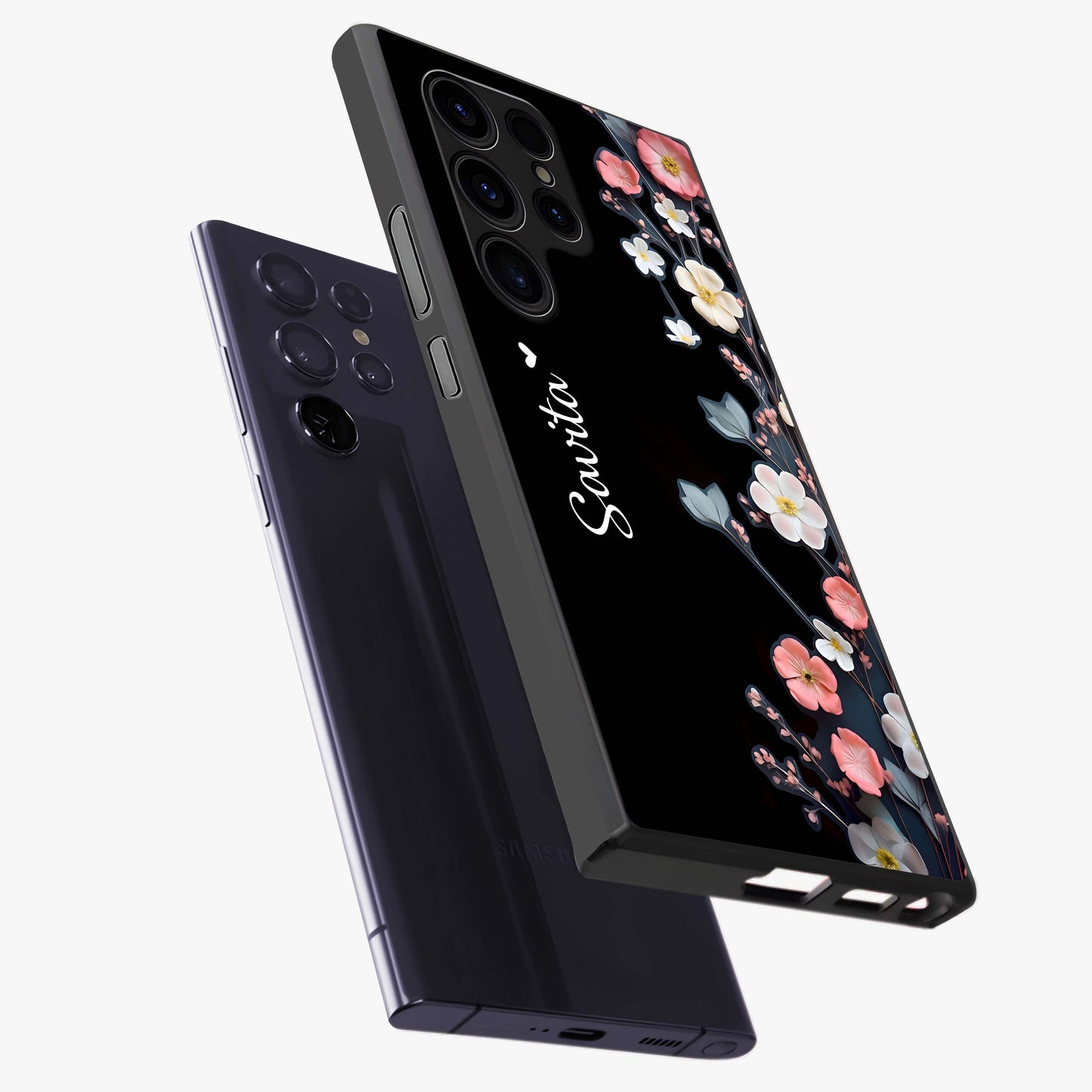 Black Elegance Floral Custom Name Glass Case displayed in angled mockup highlighting dark floral aesthetic and custom name feature.