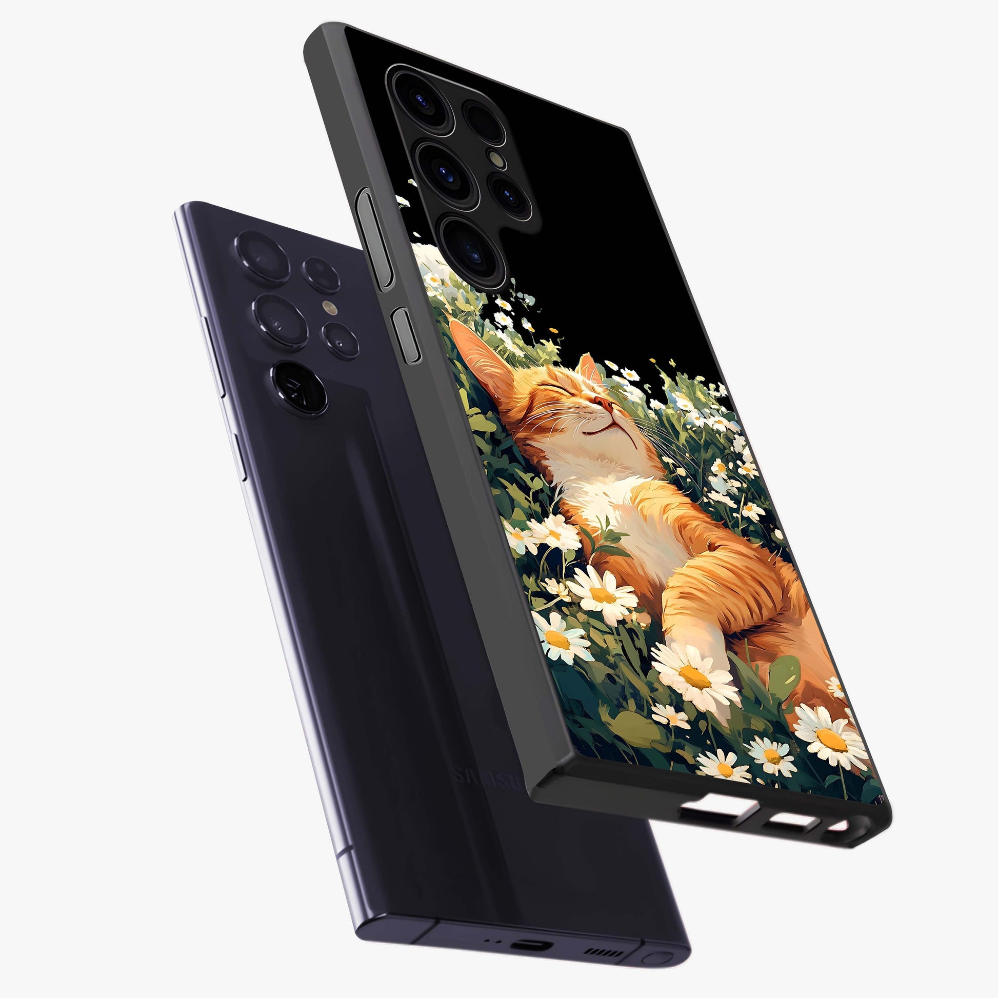Blissful Bloom Cat Glass Case displayed in angled mockup highlighting playful feline illustration with soft floral aesthetic.