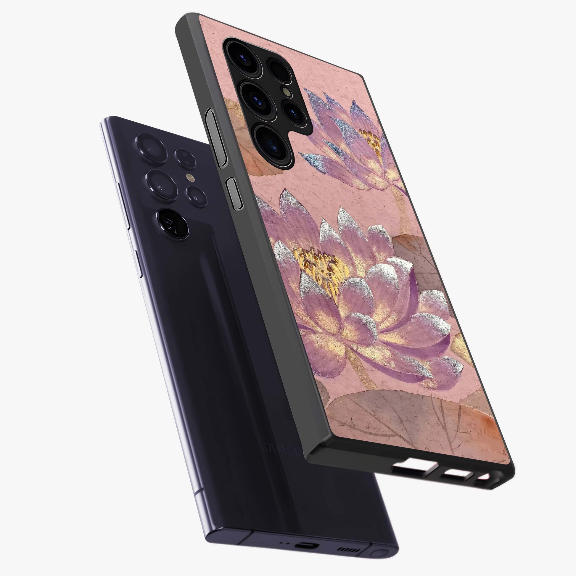 Blossom Mist Lotus Glass Case displayed in angled mockup highlighting delicate lotus illustration with calm aesthetic theme.