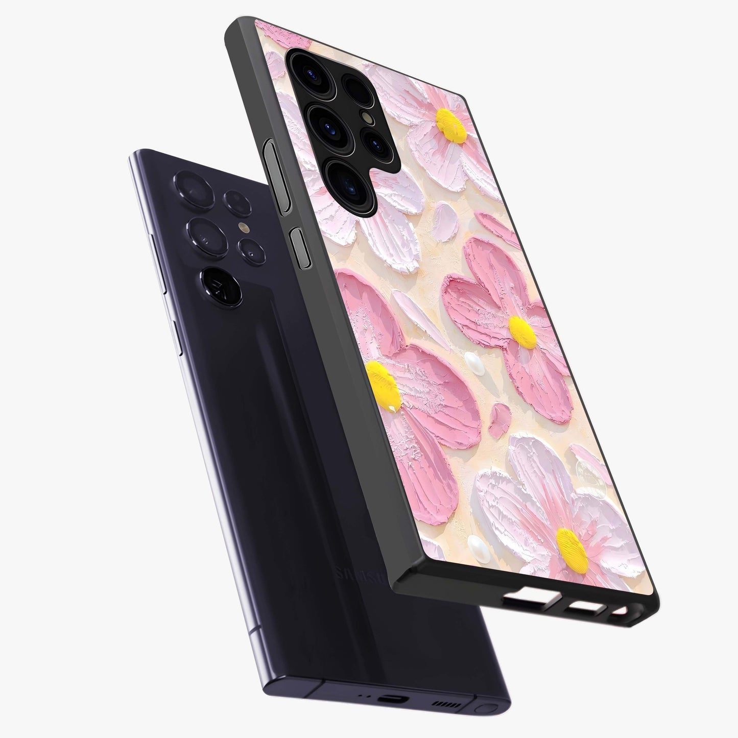 Blush Bloom Texture Glass Case displayed in angled mockup highlighting subtle bloom pattern with aesthetic pastel design.
