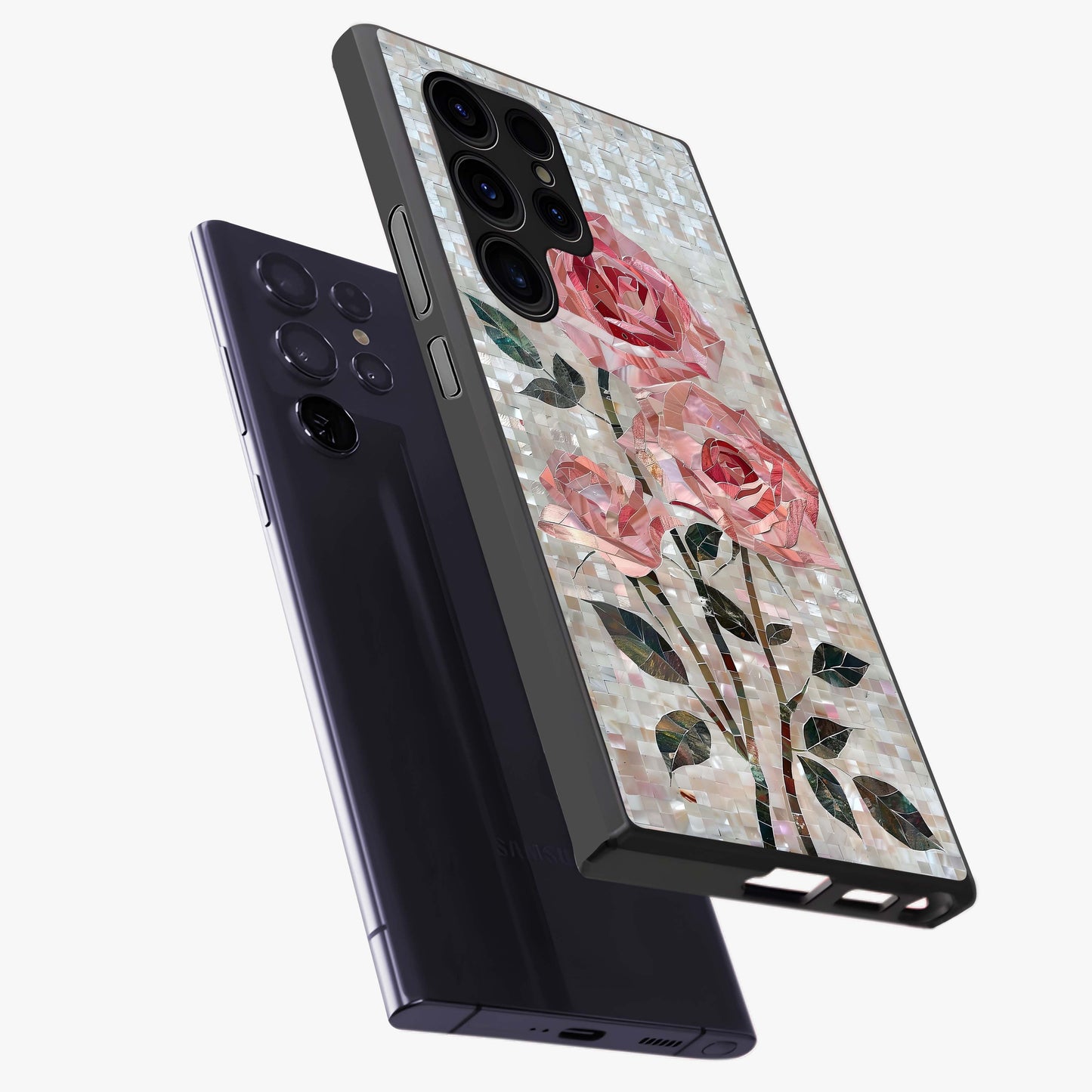 Blush Mosaic Bloom Glass Case displayed in angled mockup highlighting artistic mosaic flower pattern with aesthetic design.