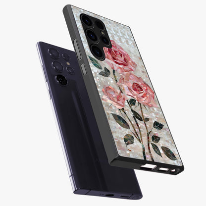 Blush Mosaic Bloom Glass Case displayed in angled mockup highlighting artistic mosaic flower pattern with aesthetic design.