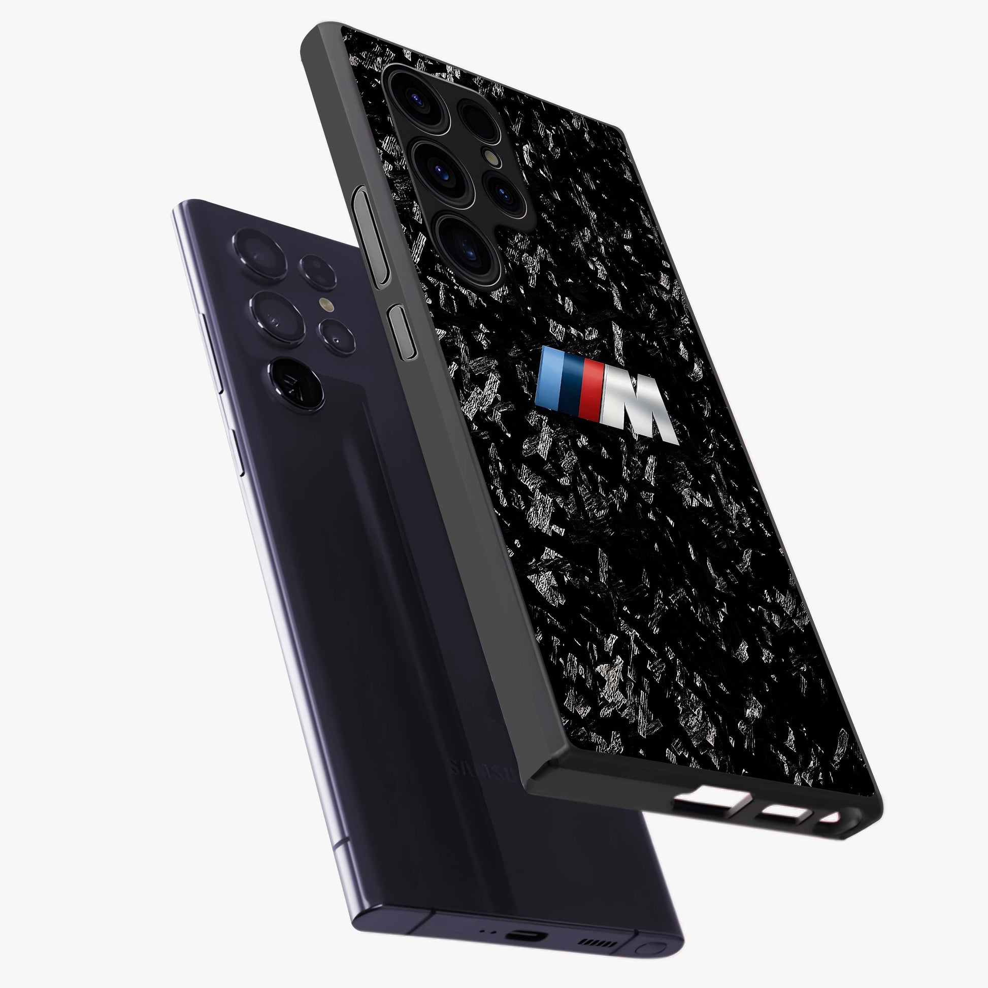Carbon Speed Mark Glass Case displayed in angled mockup highlighting racing inspired carbon design and sleek aesthetic style.