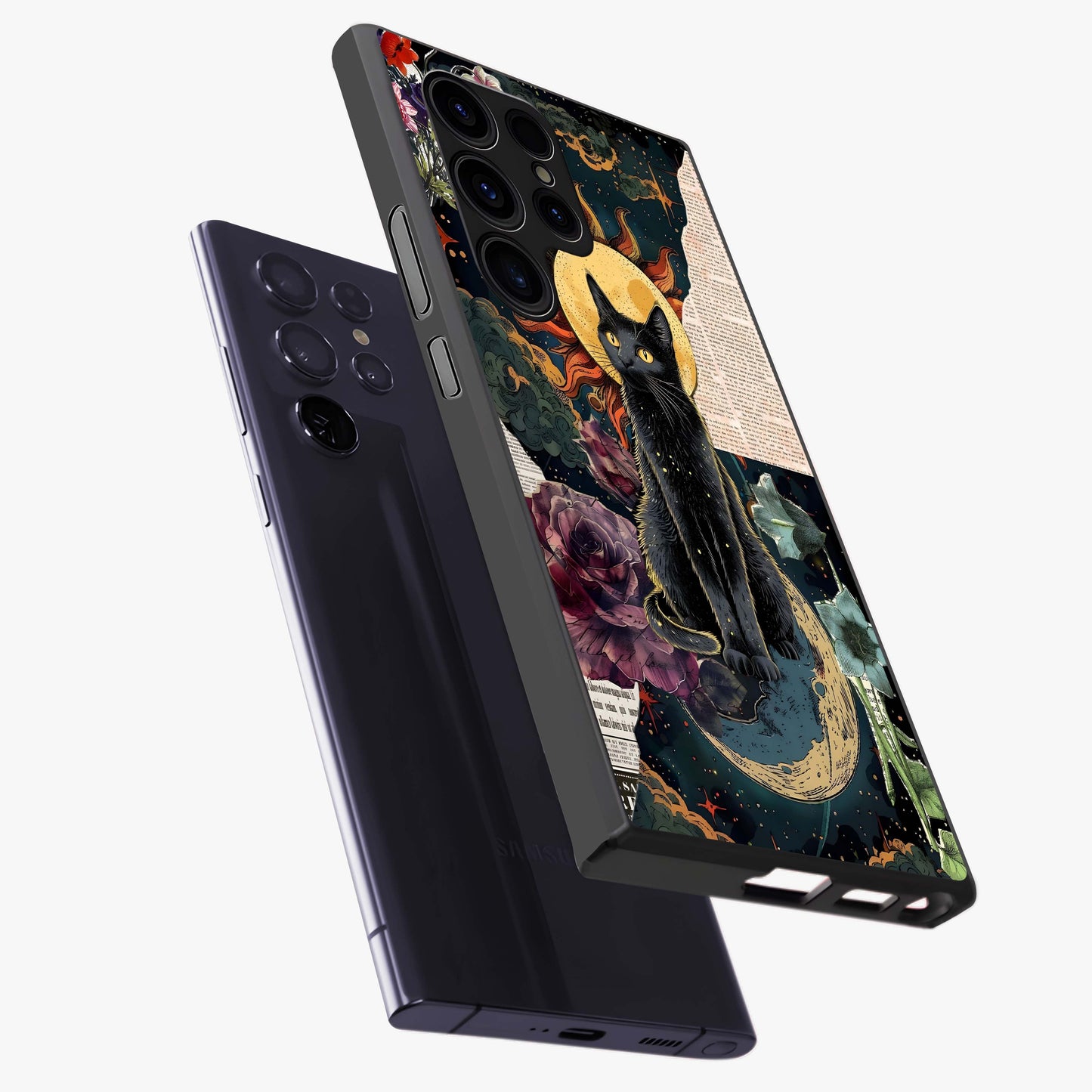 Celestial Black Cat Glass Case displayed in angled mockup highlighting cosmic black cat design with celestial aesthetic.