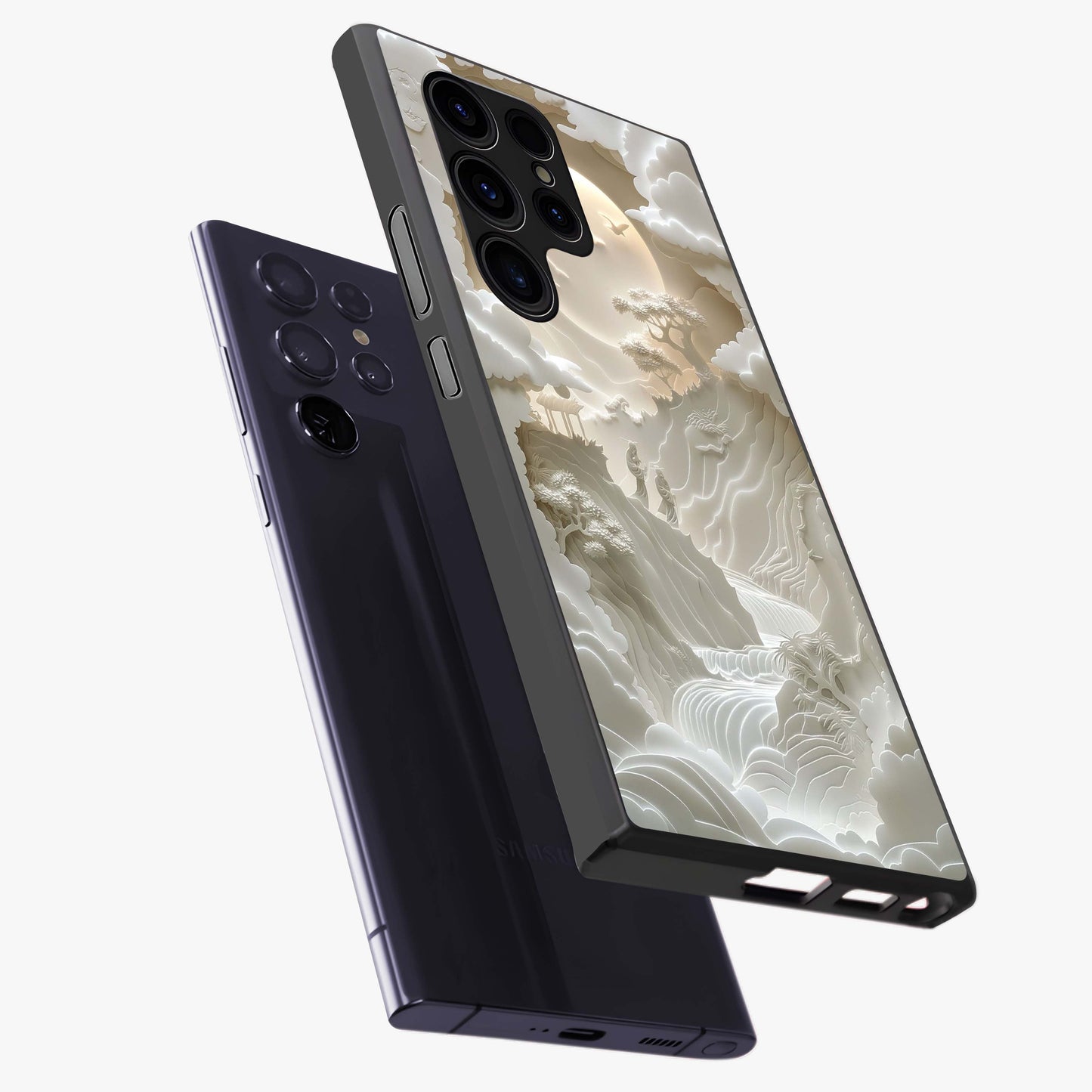 Celestial Origami Glass Case displayed in angled mockup highlighting geometric origami design with cosmic aesthetic theme.