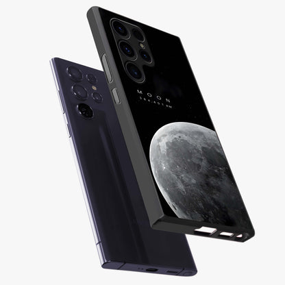 Cosmic Moon Glow Glass Case displayed in angled mockup highlighting celestial moon design with cosmic aesthetic theme.