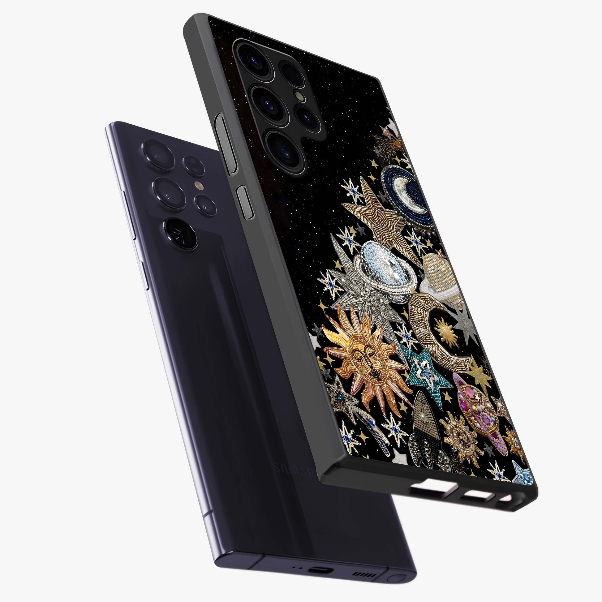 Cosmic Sparkle Dreams Glass Case displayed in angled mockup highlighting dreamy star sparkle design with celestial aesthetic.