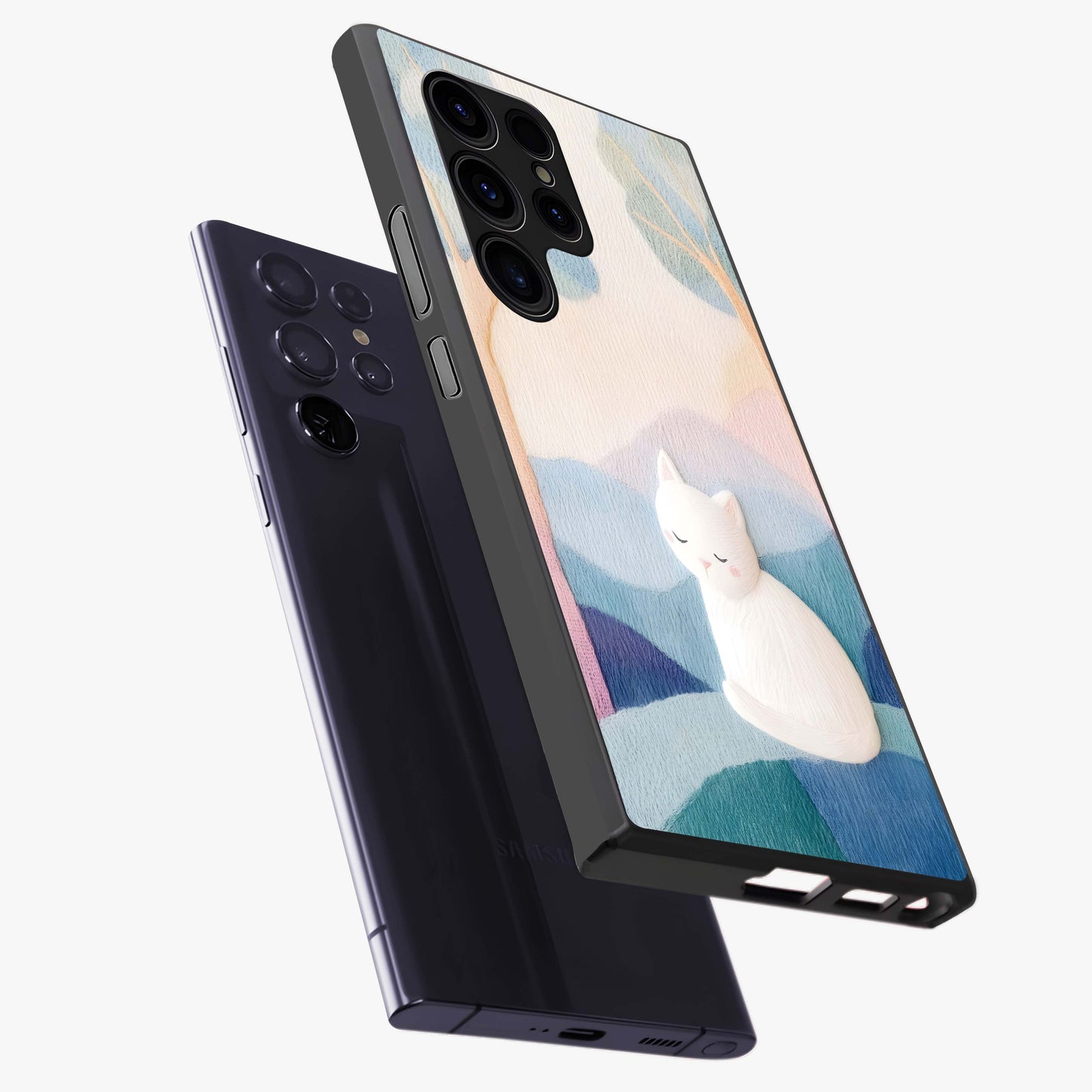 Cotton Dream Cat Glass Case displayed in angled mockup highlighting cute feline illustration with pastel aesthetic style.