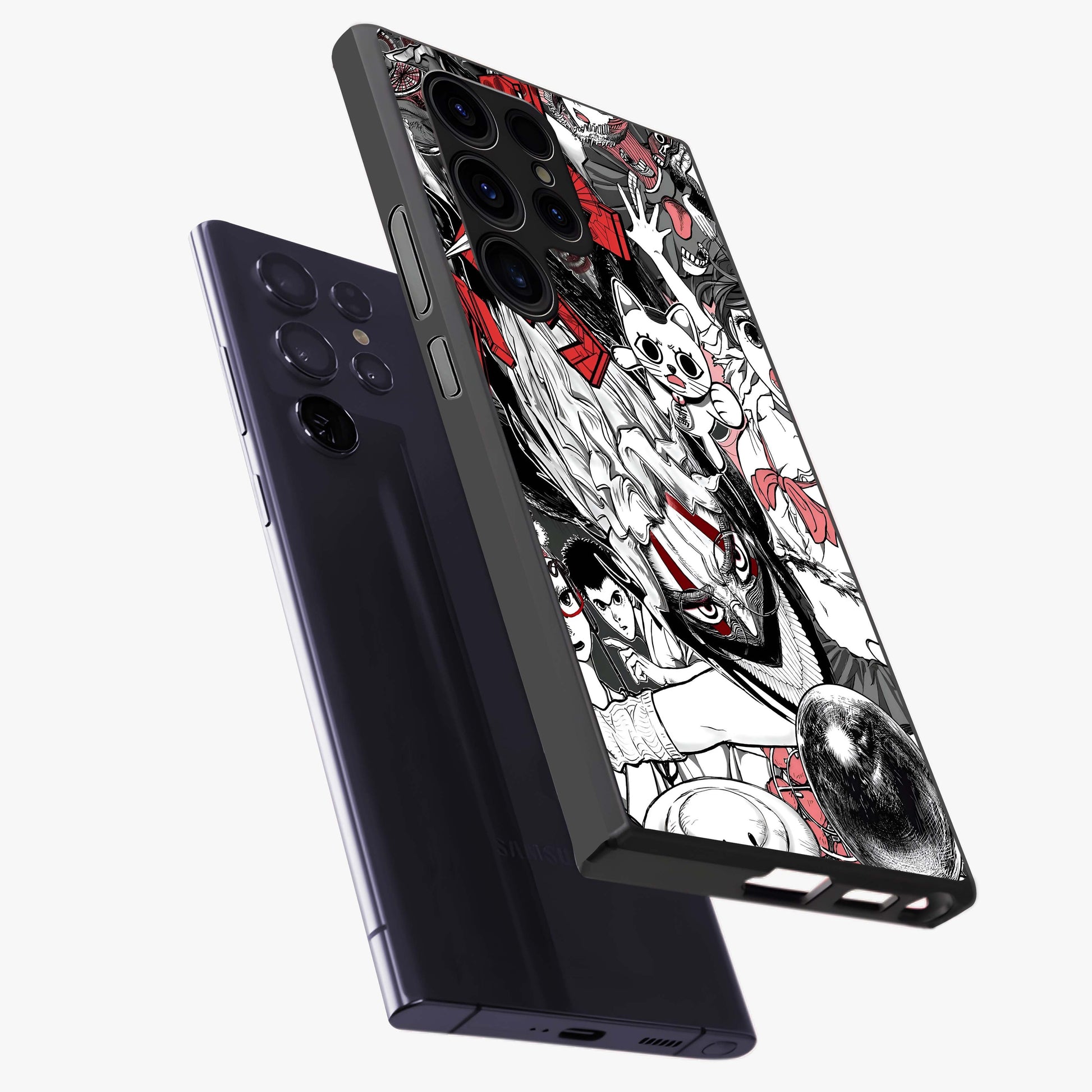 Crimson Chaos Panel Glass Case displayed in angled mockup highlighting chaotic panel style design with modern graphic theme.