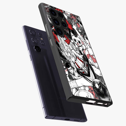Crimson Chaos Panel Glass Case displayed in angled mockup highlighting chaotic panel style design with modern graphic theme.
