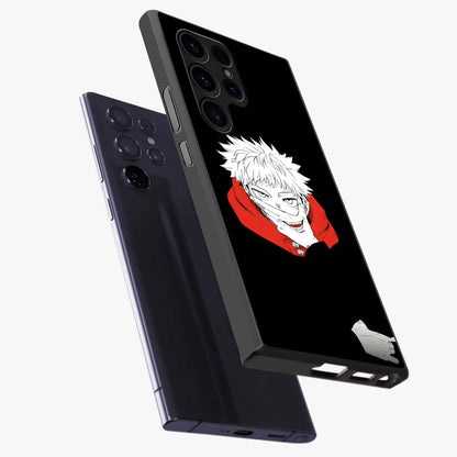 Crimson Chaos Smile Glass Case displayed in angled mockup highlighting edgy crimson smile design with graphic aesthetic.