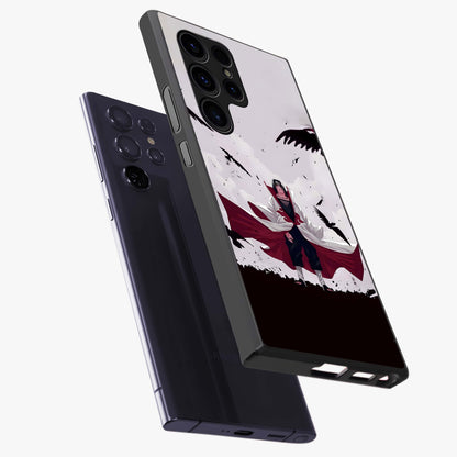 Crimson Crow Ascension Glass Case displayed in angled mockup highlighting powerful crow illustration with dark crimson aesthetic.