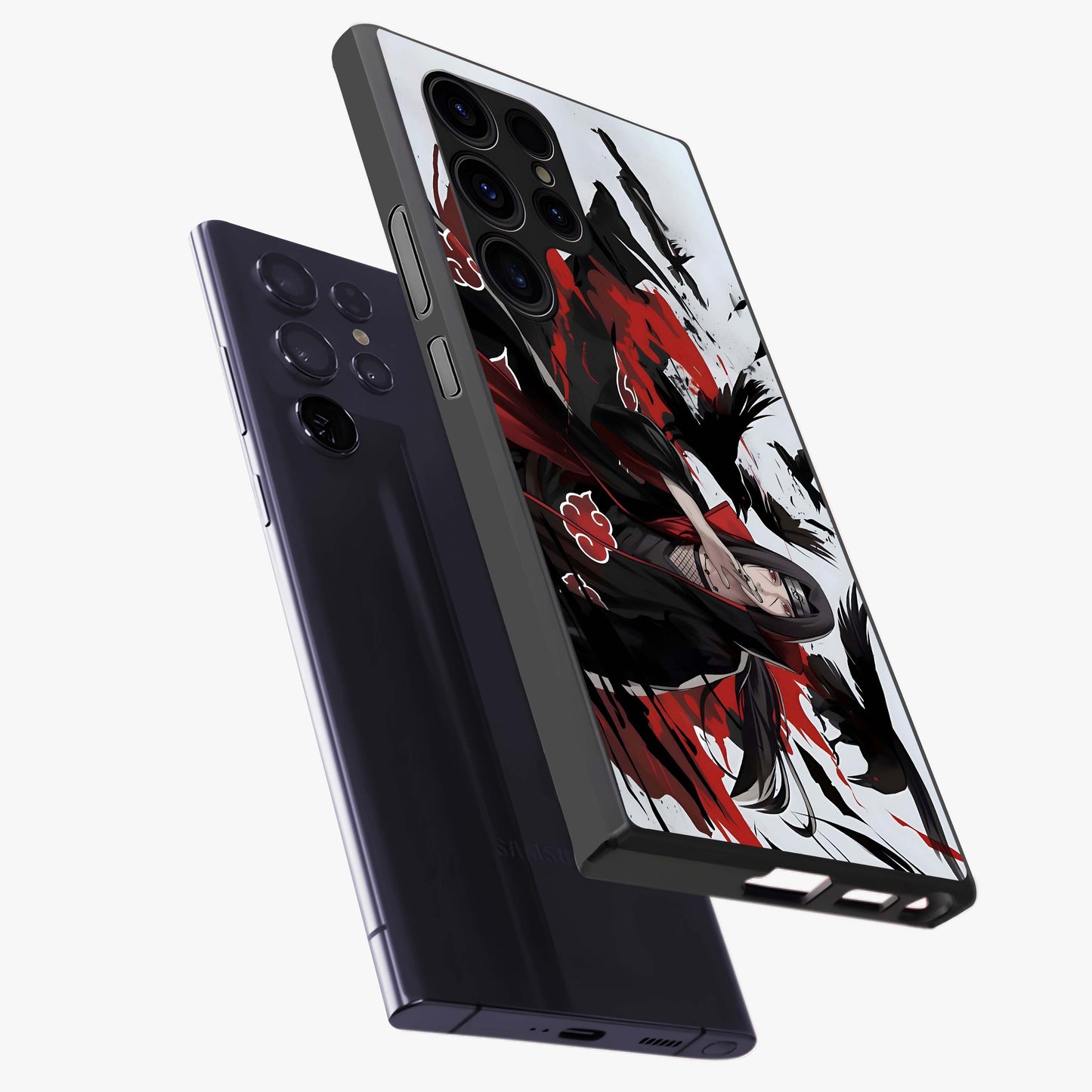 Crimson Crow Illusion Glass Case displayed in angled mockup highlighting mysterious crow graphic with dark aesthetic style.
