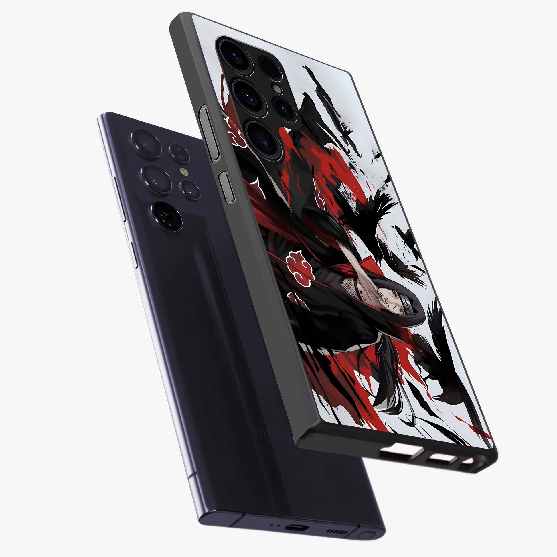 Crimson Crow Illusion Glass Case displayed in angled mockup highlighting mysterious crow graphic with dark aesthetic style.