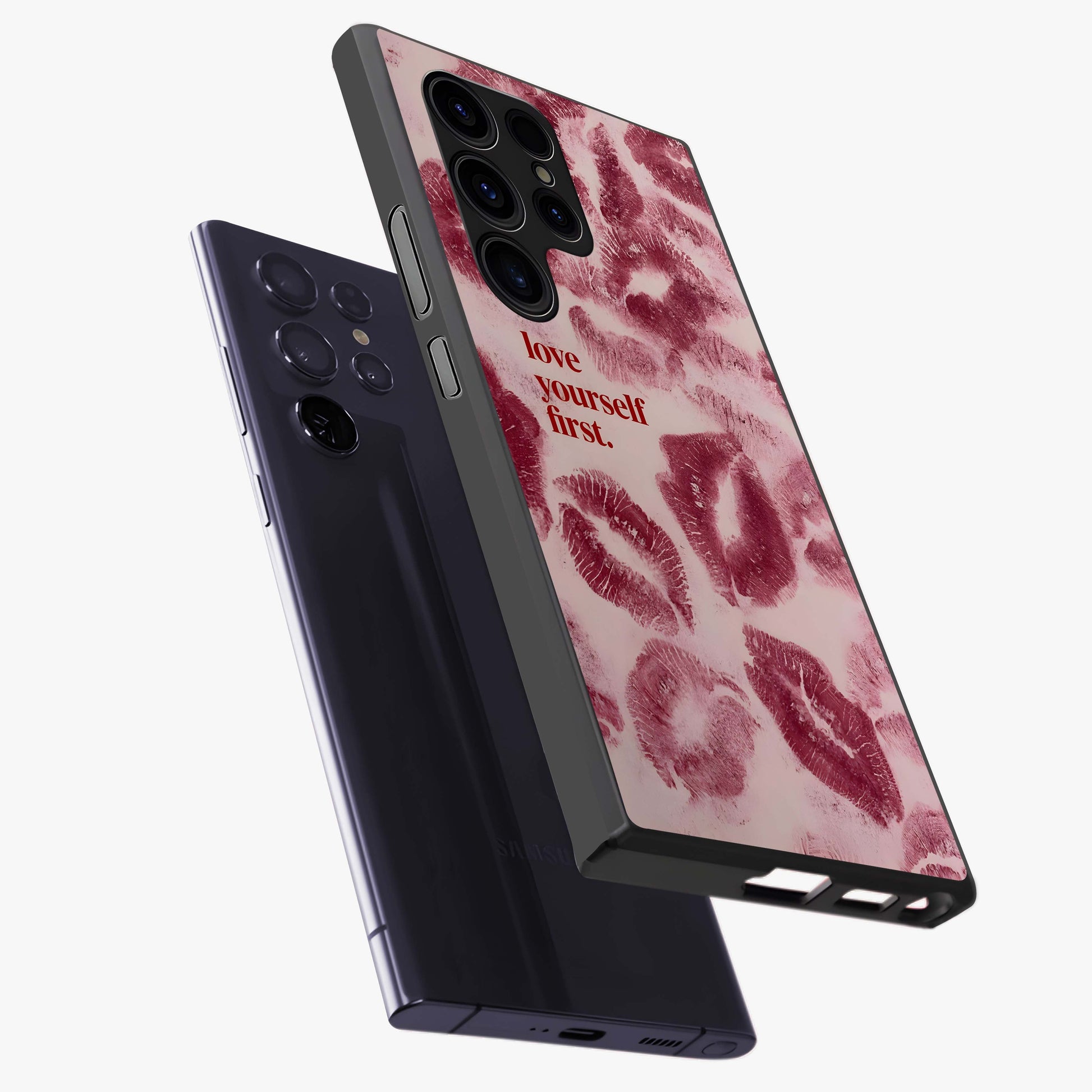 Crimson Kiss Love Glass Case displayed in angled mockup highlighting bold love inspired design with modern aesthetic style.