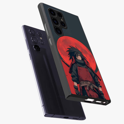 Crimson Moon Warlord Glass Case displayed in angled mockup highlighting dramatic crimson moon design with fantasy aesthetic.