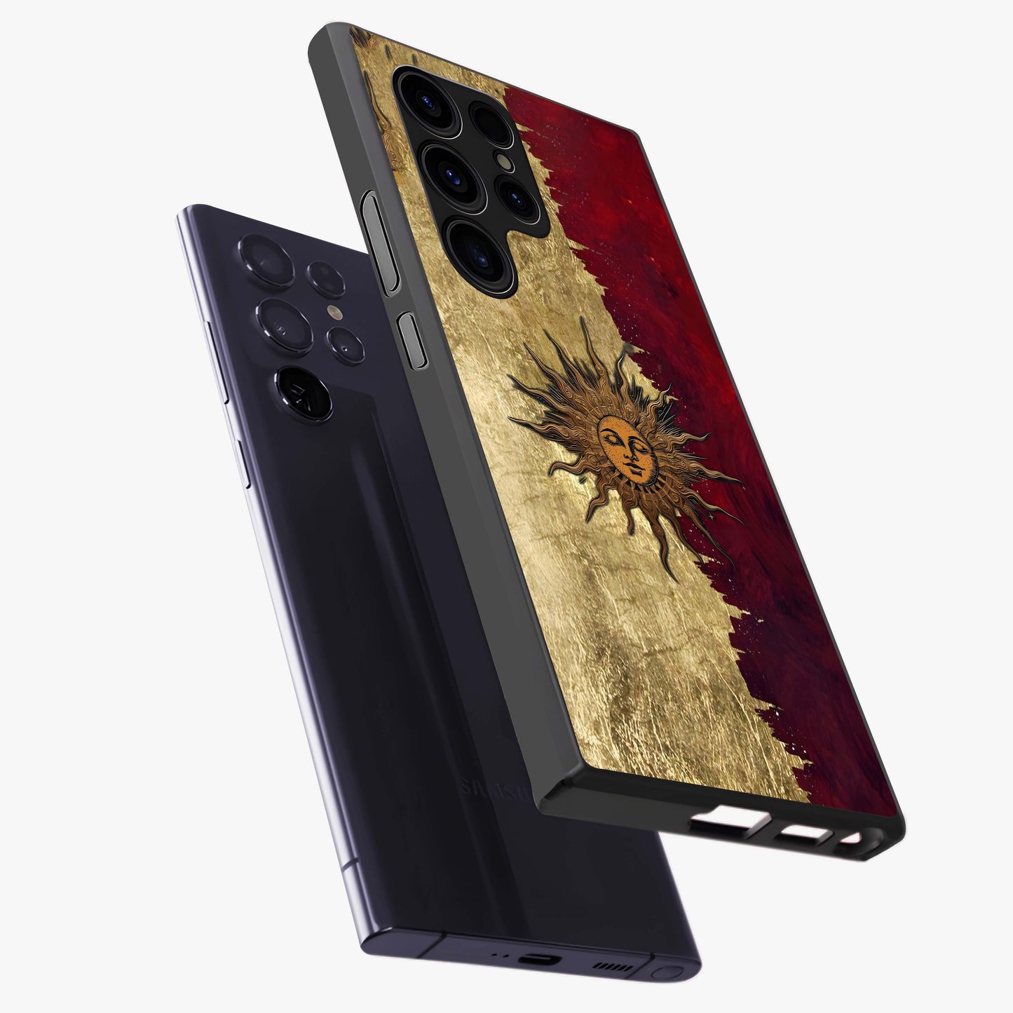 Crimson Sun Majesty Glass Case displayed in angled mockup highlighting majestic crimson sun design with bold aesthetic style.