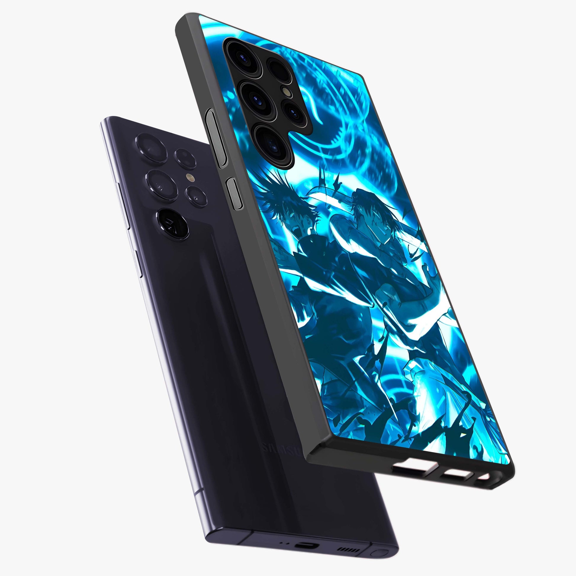 Cursed Energy Clash Glass Case displayed in angled mockup highlighting powerful battle inspired graphic with anime style aesthetic.