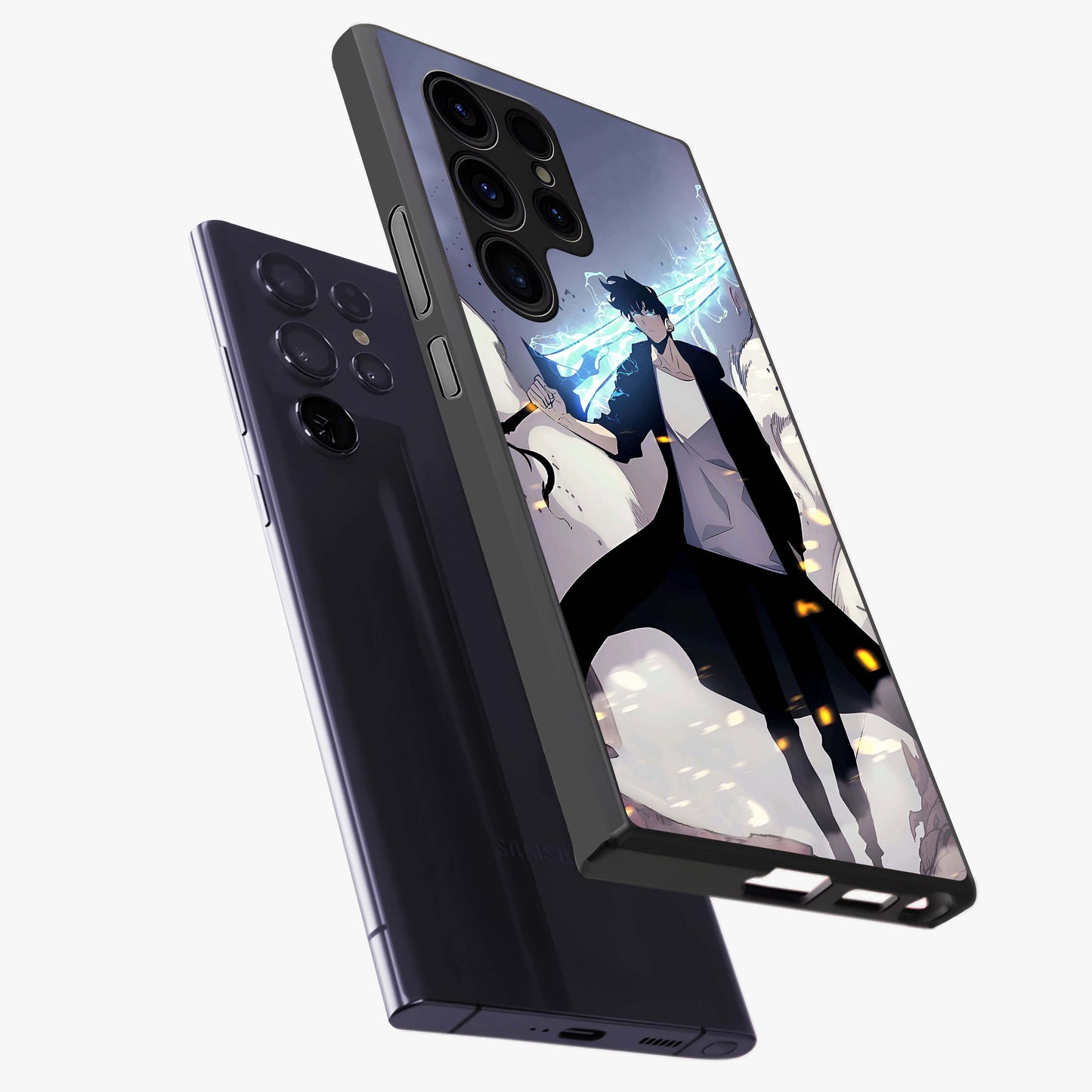 Dark Lightning Anime Warrior Glass Case displayed in angled mockup highlighting powerful lightning themed anime illustration.