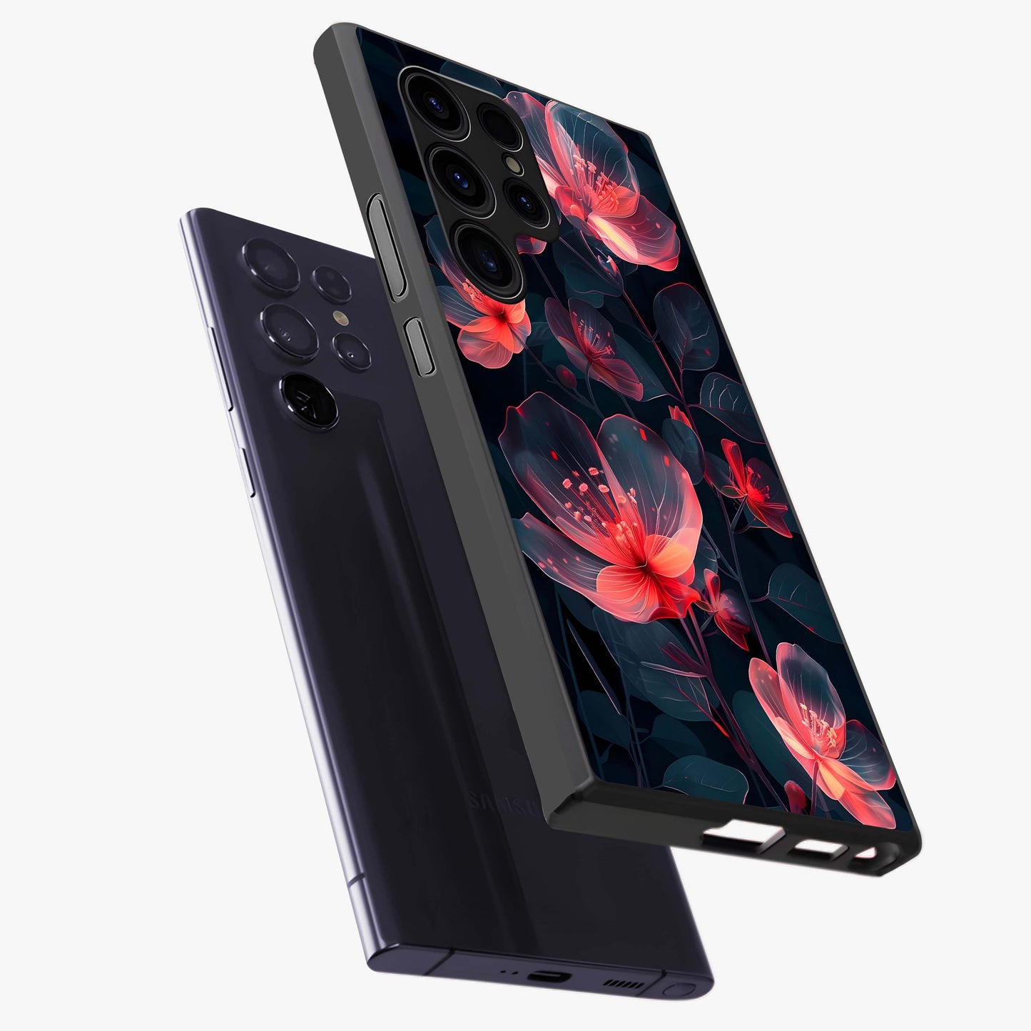 Dark Shade of Flower Glass Case displayed in angled mockup highlighting moody floral illustration with aesthetic dark tones.