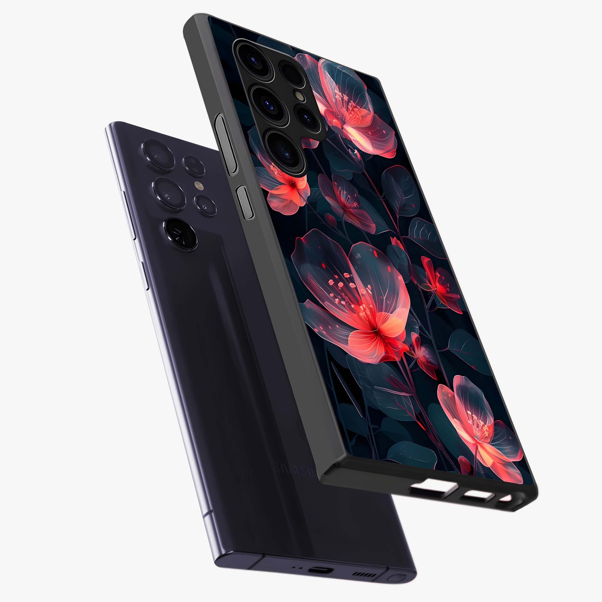 Dark Shade of Flower Glass Case displayed in angled mockup highlighting moody floral illustration with aesthetic dark tones.