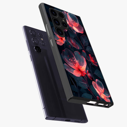 Dark Shade of Flower Glass Case displayed in angled mockup highlighting moody floral illustration with aesthetic dark tones.