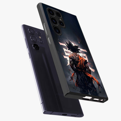 Dark Warrior In Rain Glass Case displayed in angled mockup highlighting dramatic warrior illustration with dark rain aesthetic.