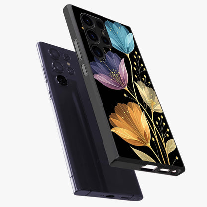 Delicate Multicolor Flowers Glass Case displayed in angled mockup highlighting colorful flower pattern with soft aesthetic style.