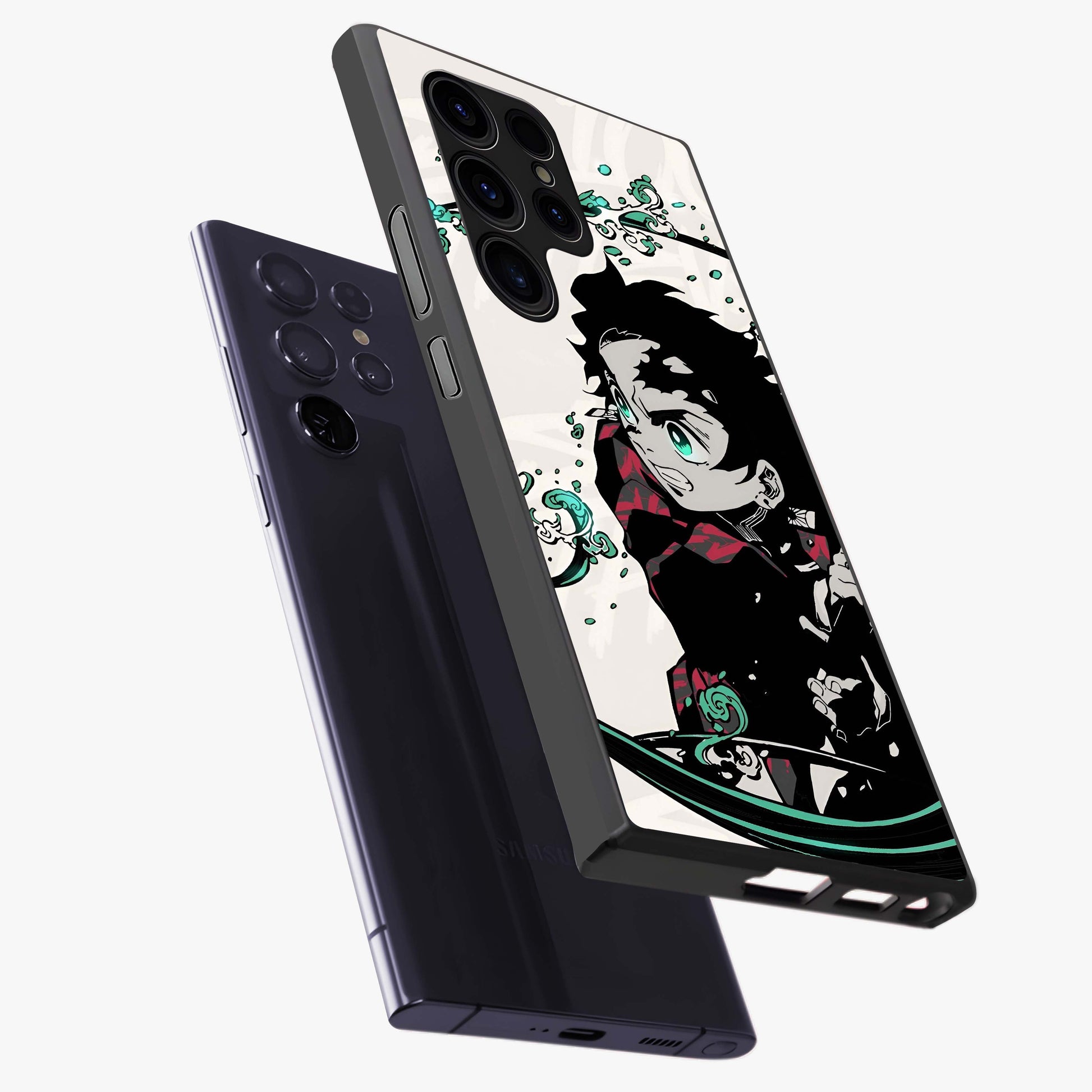 Demon Slayer Glass Case displayed in angled mockup highlighting dramatic anime character design with action aesthetic.
