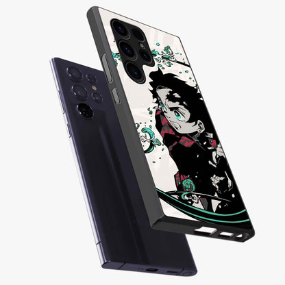 Demon Slayer Glass Case displayed in angled mockup highlighting dramatic anime character design with action aesthetic.