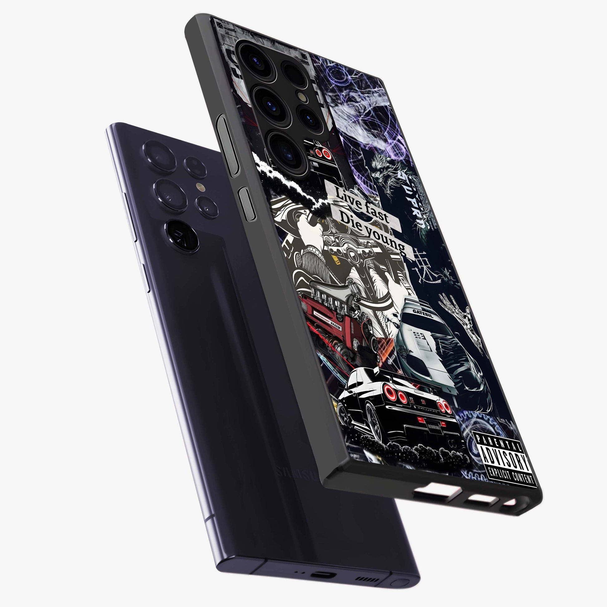 Die Young Glass Case displayed in angled mockup highlighting expressive graphic artwork with edgy aesthetic style.