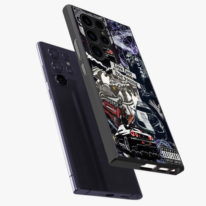 Die Young Glass Case displayed in angled mockup highlighting expressive graphic artwork with edgy aesthetic style.