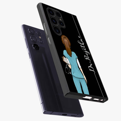 Doctor Pattern Custom Name Glass Case displayed in angled mockup highlighting doctor inspired artwork with custom name feature.