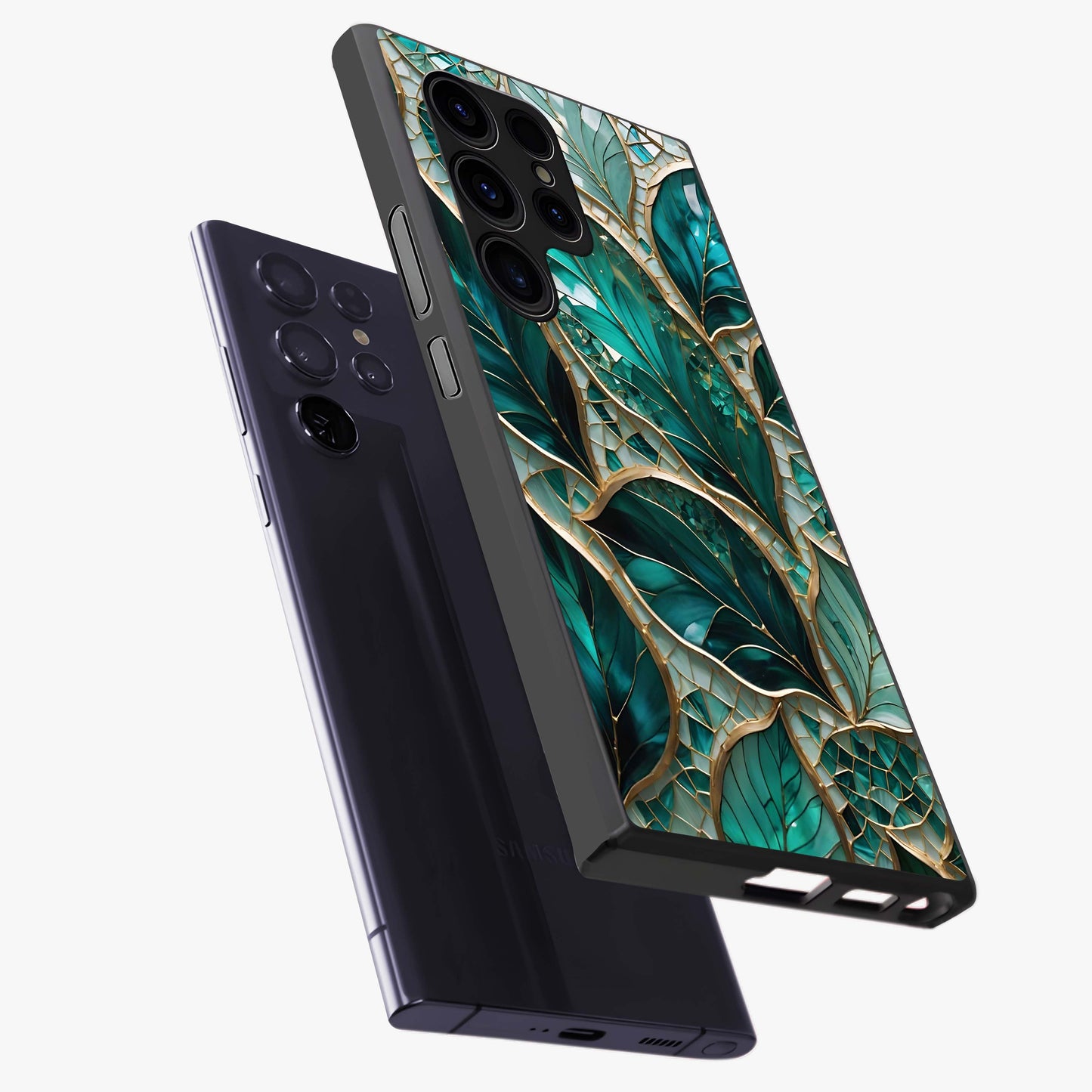 Emerald Leaf Glass Glass Case displayed in angled mockup highlighting botanical leaf illustration with elegant natural aesthetic.
