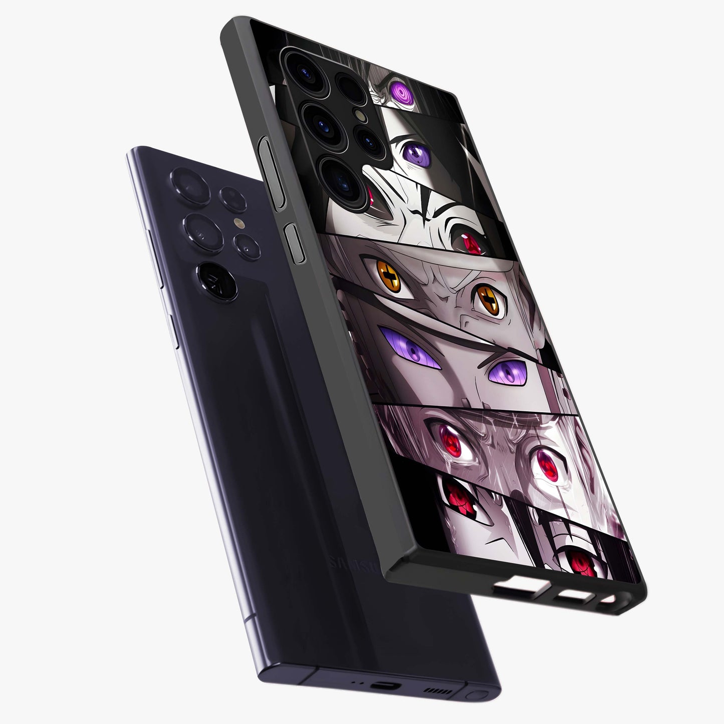Eyes of Destiny Glass Case displayed in angled mockup highlighting bold eye illustration with mystical aesthetic style.