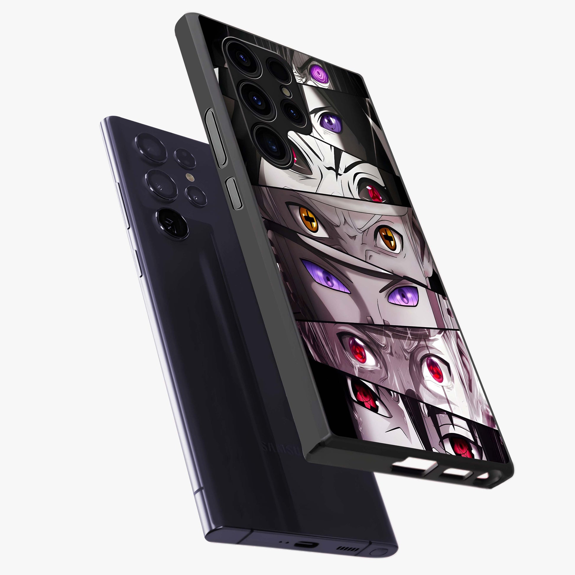 Eyes of Destiny Glass Case displayed in angled mockup highlighting bold eye illustration with mystical aesthetic style.
