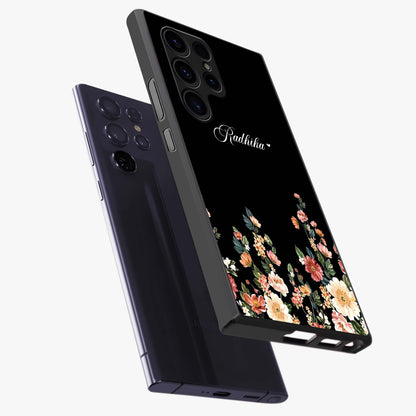 Floral Design With a Custom Personalized Name Glass Case displayed in angled mockup highlighting elegant floral pattern with custom name feature.