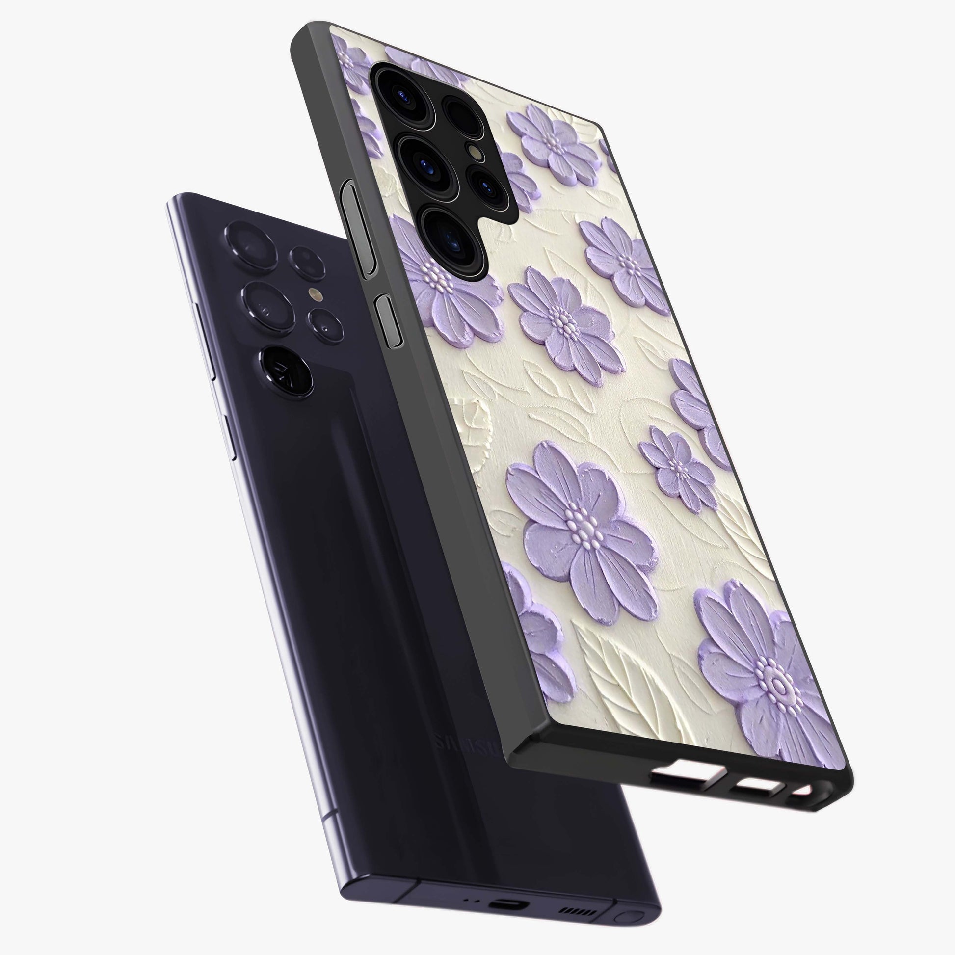 Floral Wall Art With Purple Flowers Glass Case displayed in angled mockup highlighting vibrant purple floral illustration with artistic aesthetic.