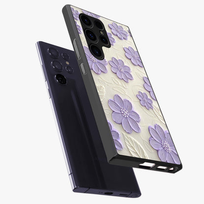 Floral Wall Art With Purple Flowers Glass Case displayed in angled mockup highlighting vibrant purple floral illustration with artistic aesthetic.