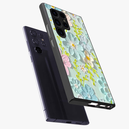 Frosted Petal Garden Glass Case displayed in angled mockup highlighting delicate flower petal design with calm garden aesthetic.