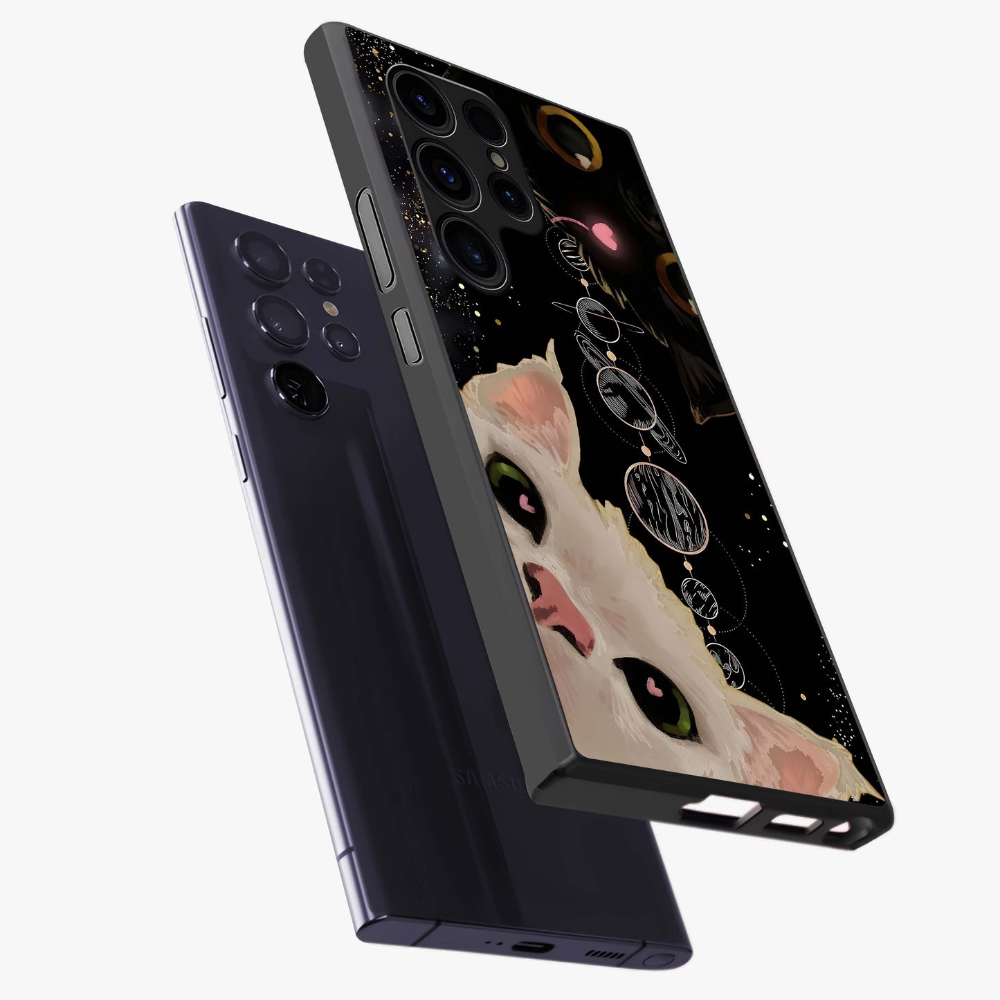 Galactic Cat Glass Case displayed in angled mockup highlighting celestial feline illustration with galaxy aesthetic style.