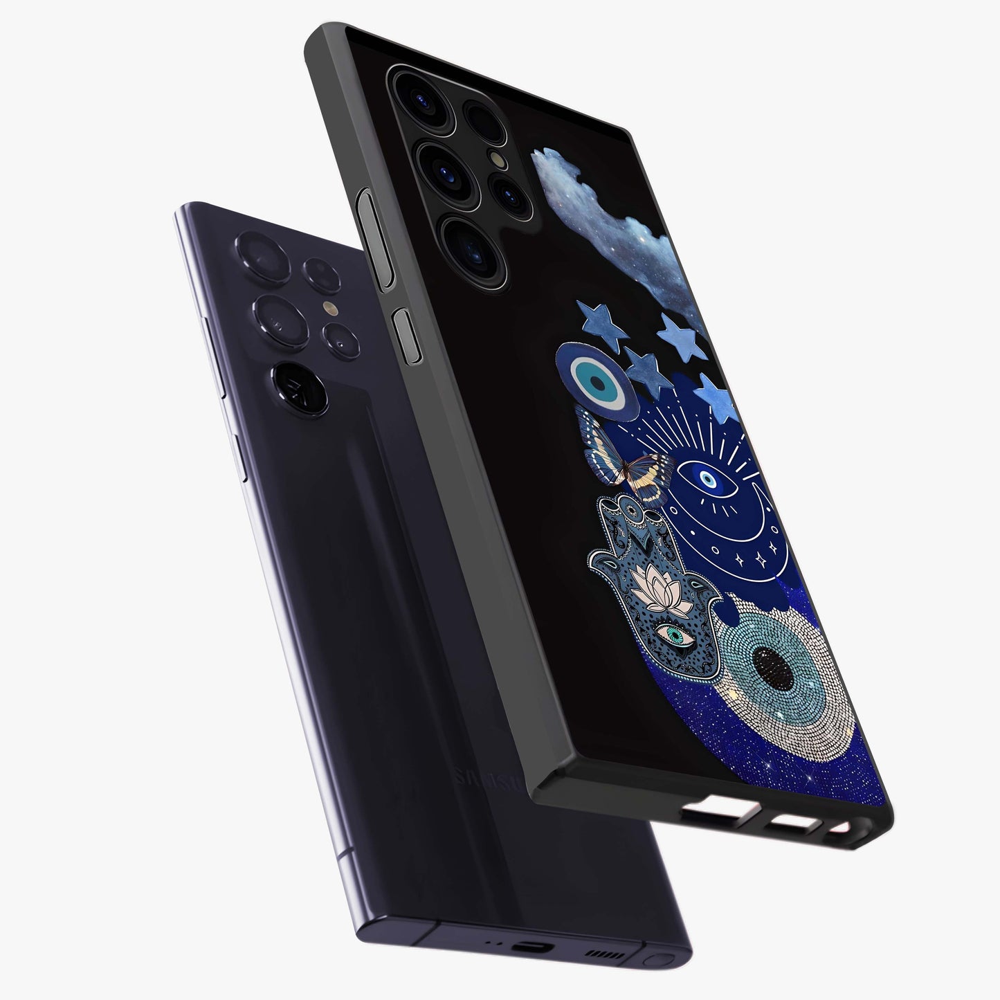 Galactic Charm Cluster Glass Case displayed in angled mockup highlighting luminous galaxy inspired design with dreamy aesthetic.