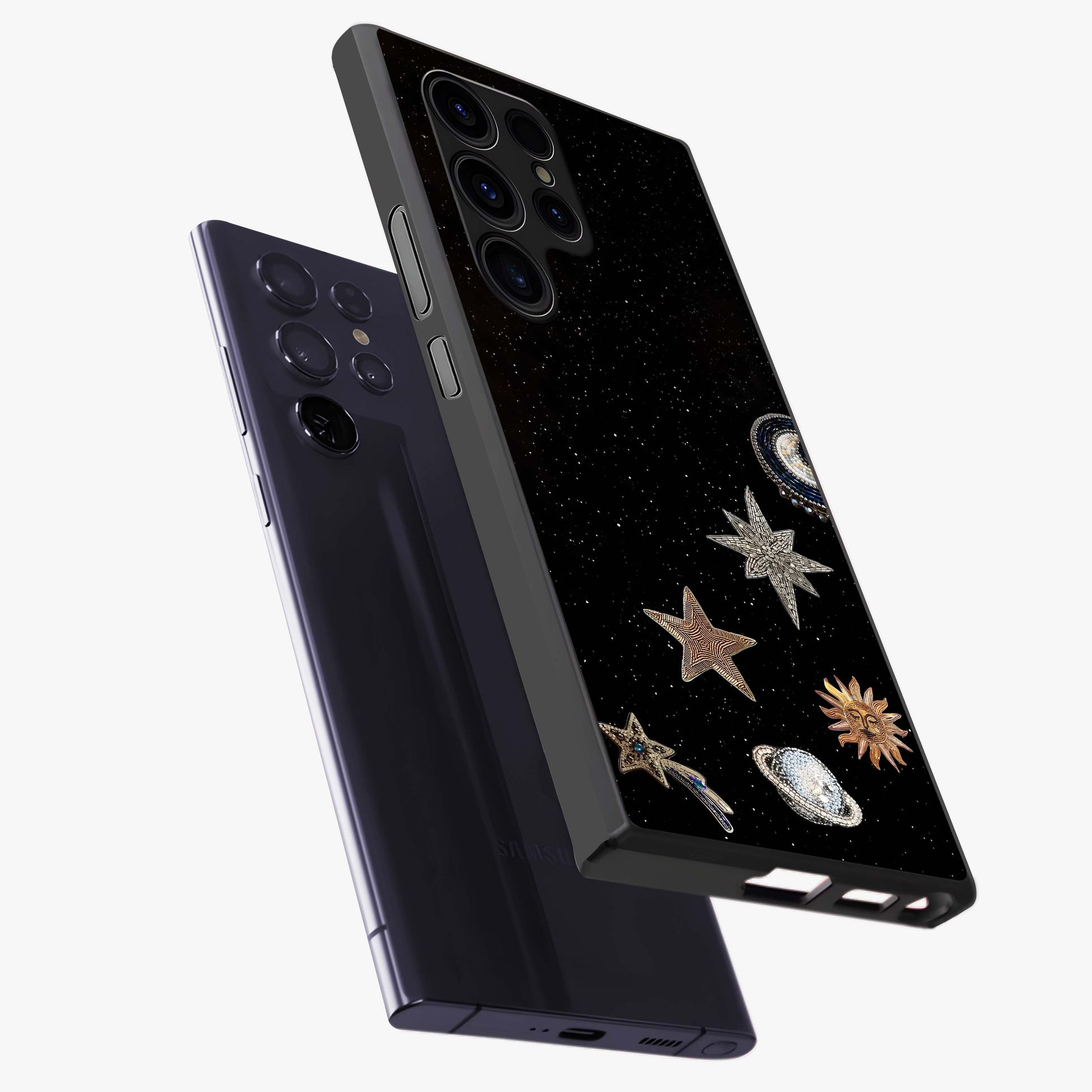 Galactic Charm Glow Glass Case displayed in angled mockup highlighting luminous galaxy inspired design with dreamy aesthetic.